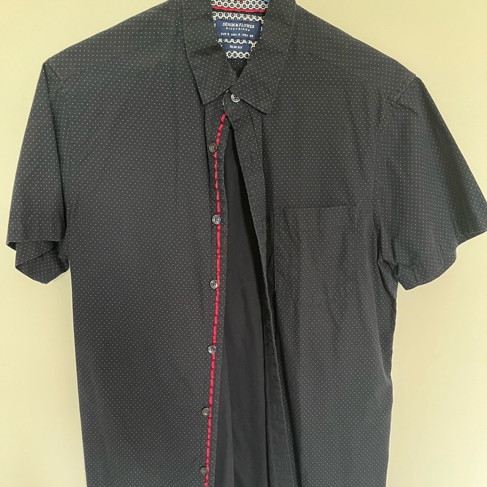 Men’s small slim fit Black and tiny white dot button down